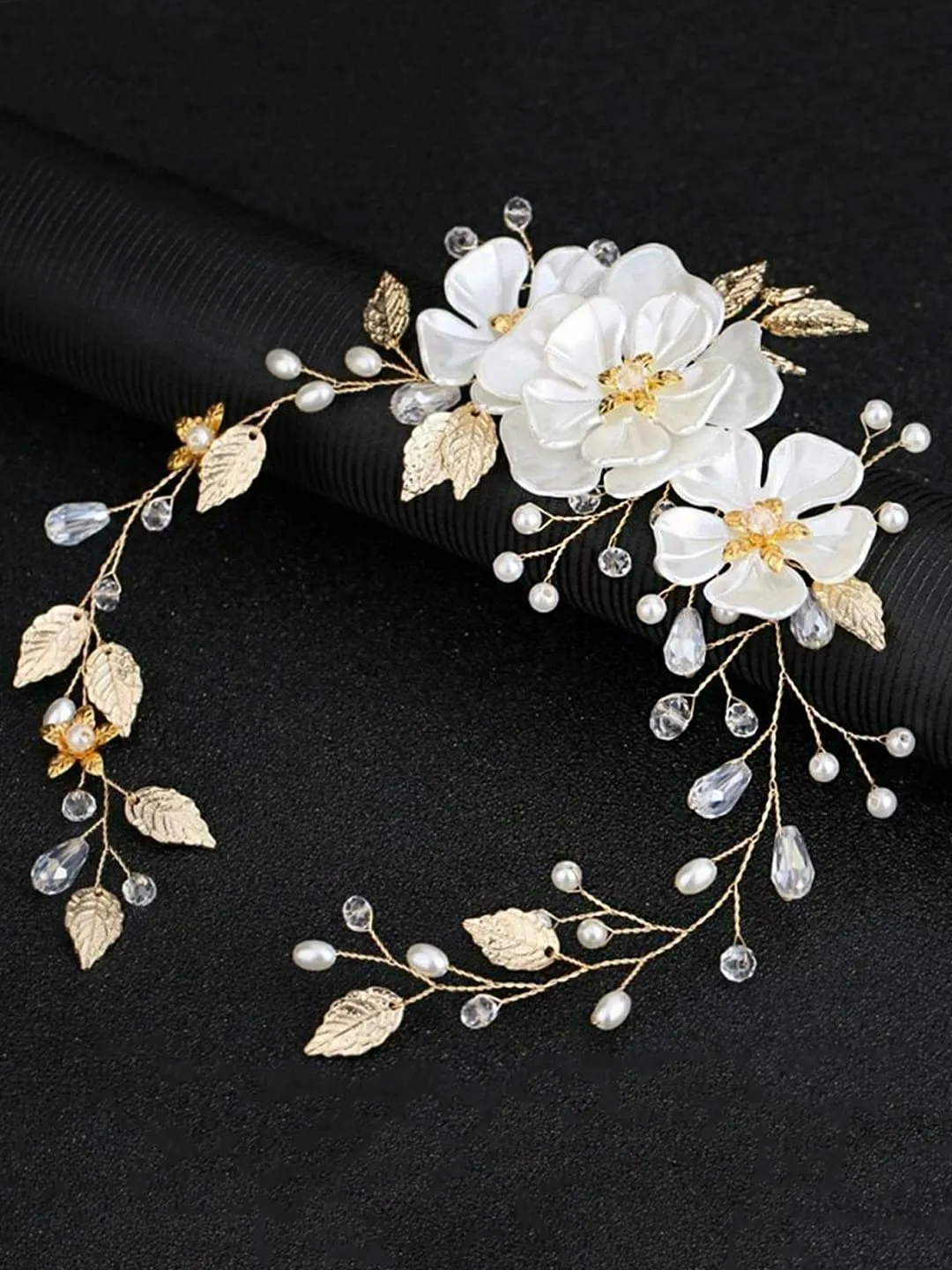 Yellow Chimes Bridal Hair Vine for Women and Girls Bridal Hair Accessories for Wedding Golden Headband Hair Accessories Wedding Jewellery for Women Floral White Bridal Wedding Head band Hair Vine for Girls Headpiece